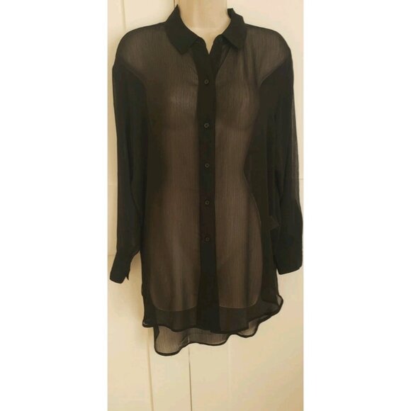 NWT DKNY WOMEN'S BUTTON-DOWN CHIFFON BLACK SHIRT XLARGE - Picture 3 of 9